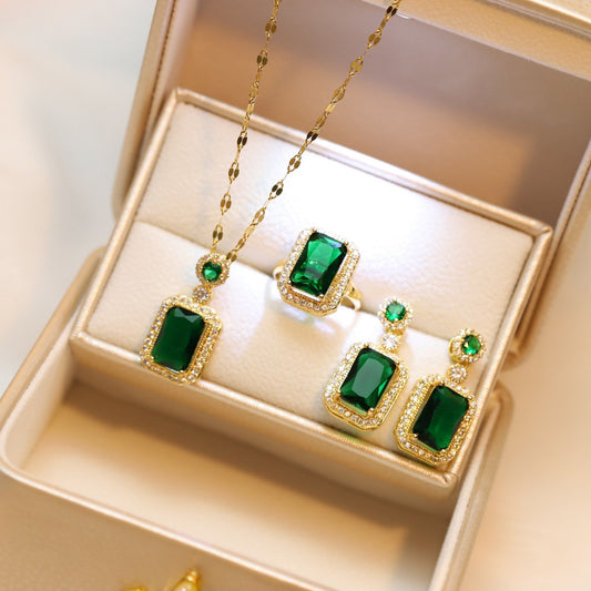 Emerald Zircon Pendant Necklace and Earrings Set for Women