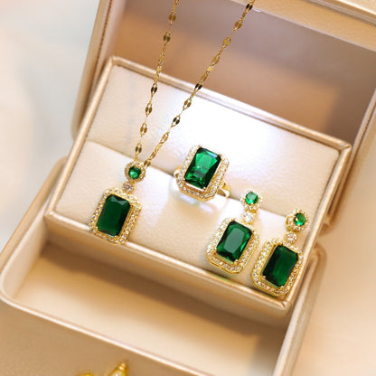 Emerald Zircon Pendant Necklace and Earrings Set for Women