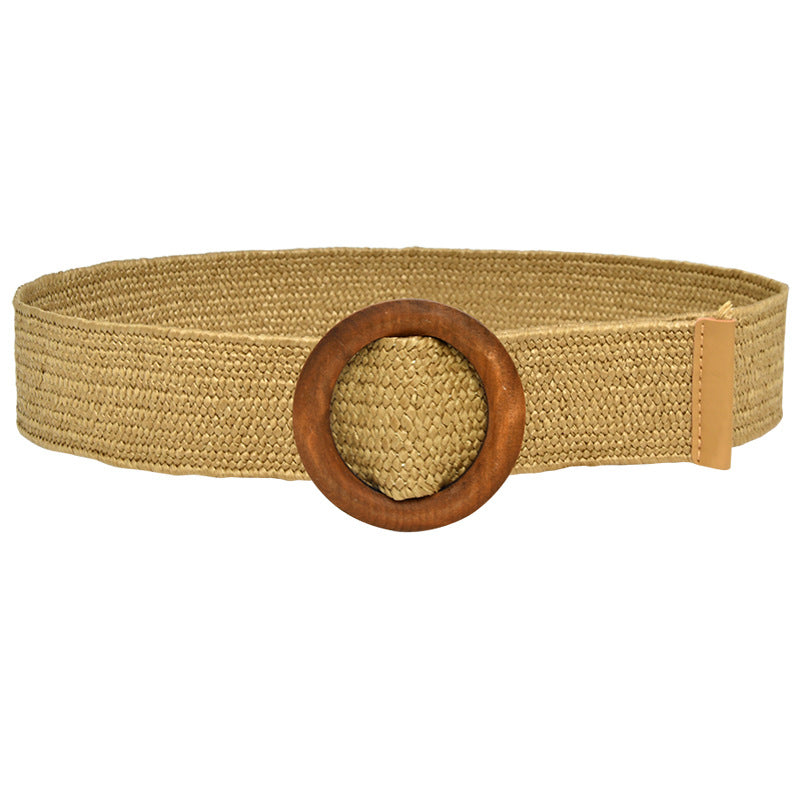 5CM wood buckle braided elastic belt