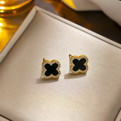 Classic Black Clover Stud Earrings, Hypoallergenic Design