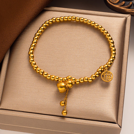 Titanium Steel Gourd Bracelet for Women - Elastic Gold Bead, Lucky Charm, Fashionable Korean Style