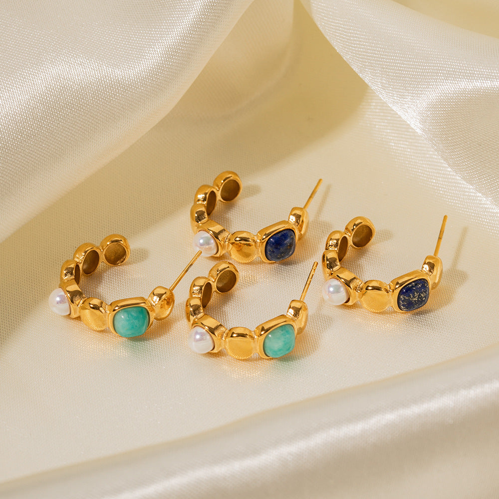 18K Gold C-Shaped Gemstone Drop Earrings