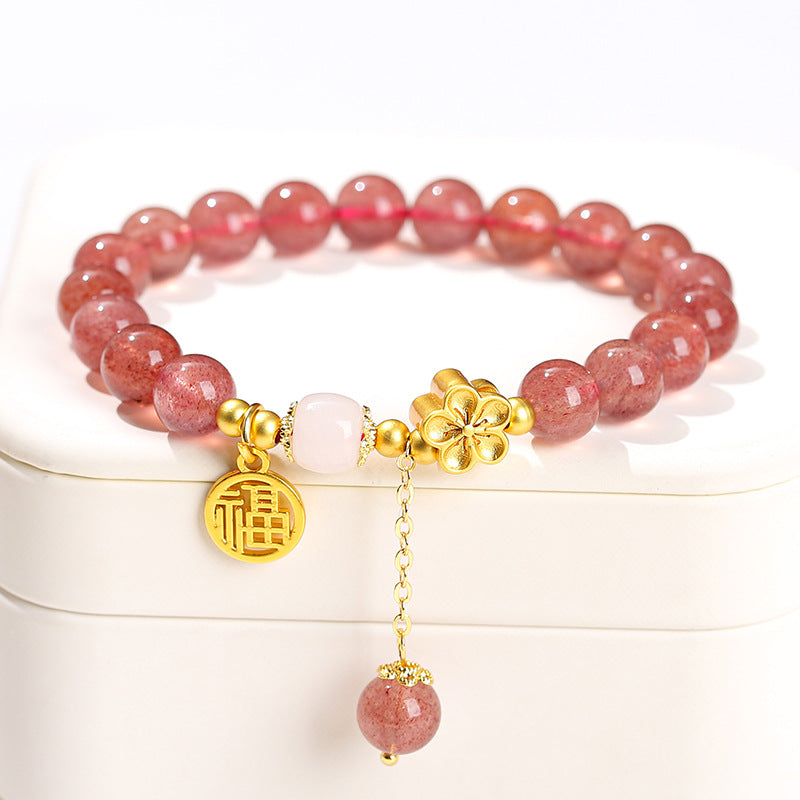 Natural strawberry crystal white jade peach blossom bracelet