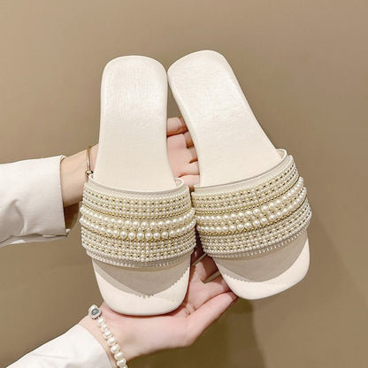 Flat-bottomed rhinestone pearl slippers