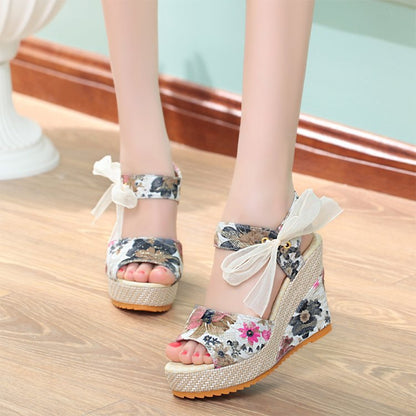 Flower Wedge Heel Strap Bow Shoes