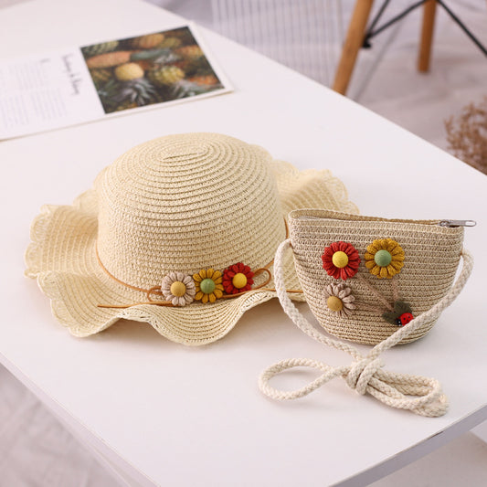 Floral Family Straw Hat Bag Set Summer Outdoor Fresh Beach Sun