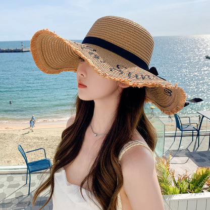 New Women¡¯s Fashion Letter Wide-Brim Breathable Straw Hat Sun Protection