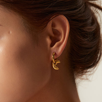 14K Gold Moon Hoop Pendant Earrings