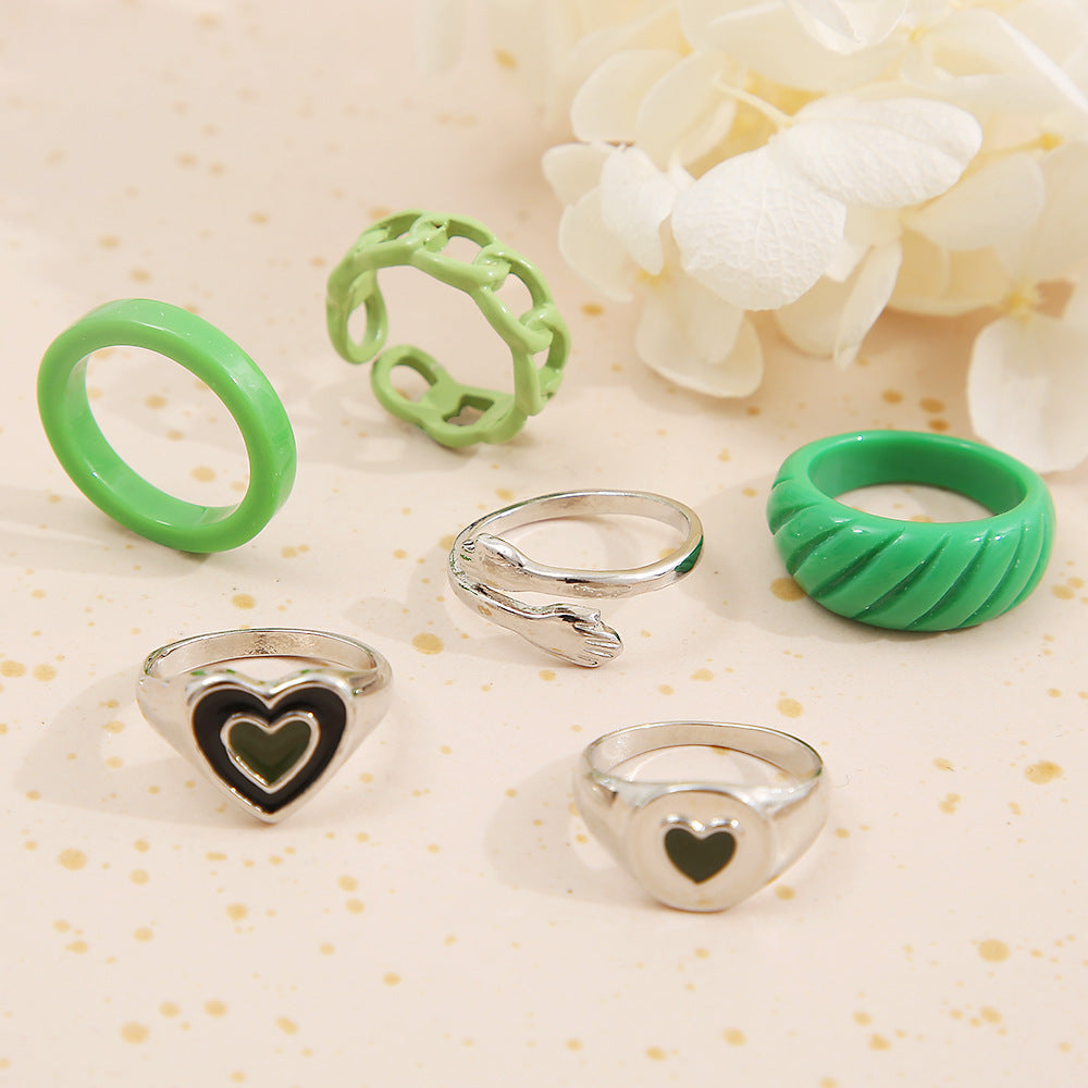 Green Heart Ring Set 6 Pieces