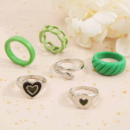 Green Heart Ring Set 6 Pieces