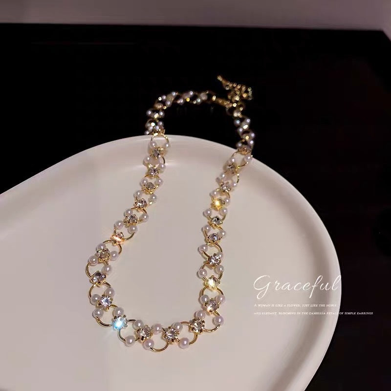 French Pearl Zircon Short Woven Necklace