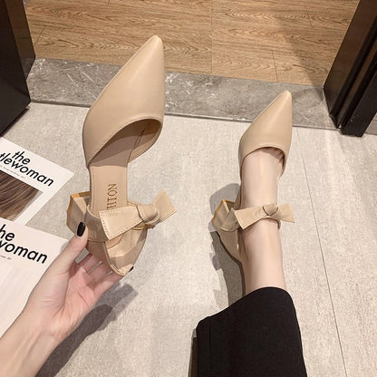 Thick Heel Pointed Bow Shoes