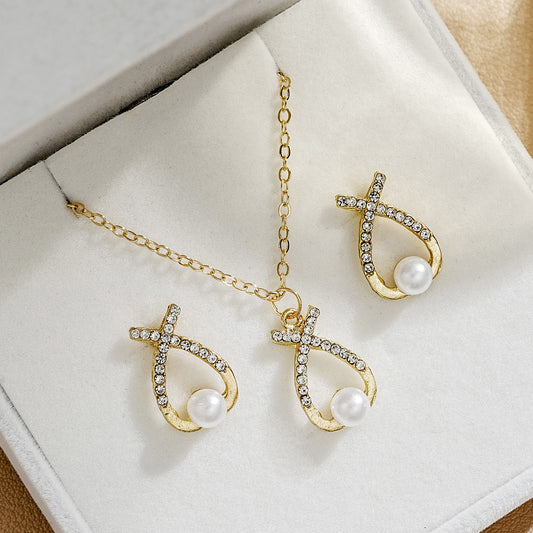 Rhinestone Pearl Earrings Necklace Jewelry Set