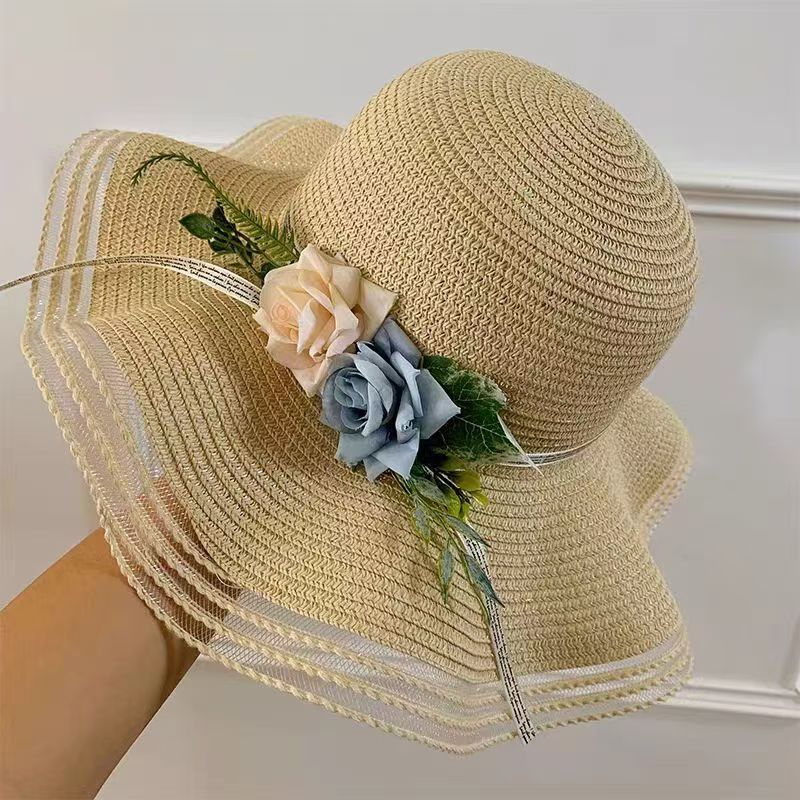 Wavy-Edge Floral Straw Hat Women Summer Beach Sun Protection