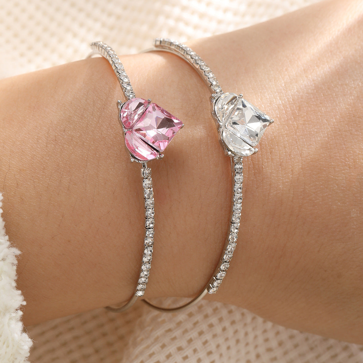 Pink Diamond Heart Zircon Bracelet 2-Piece Set