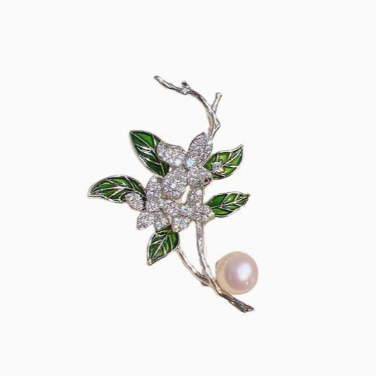 Green Leaf Branch Gardenia Pearl Brooch