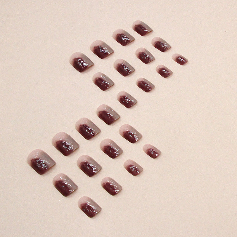 Short Red-Brown Ombre Square Fake Nails