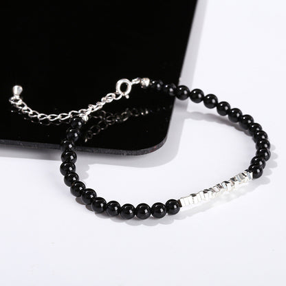 7A Natural Black Agate Broken Silver Bracelet