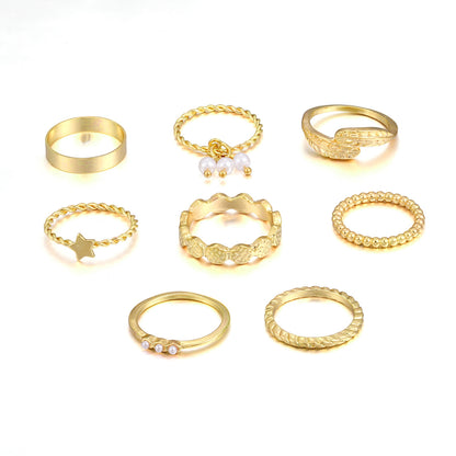 Five-pointed star leaf pearl gold ring 8-piece set