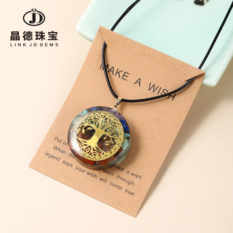 Colorful Crystal Gravel Resin Round Tree of Life Necklace