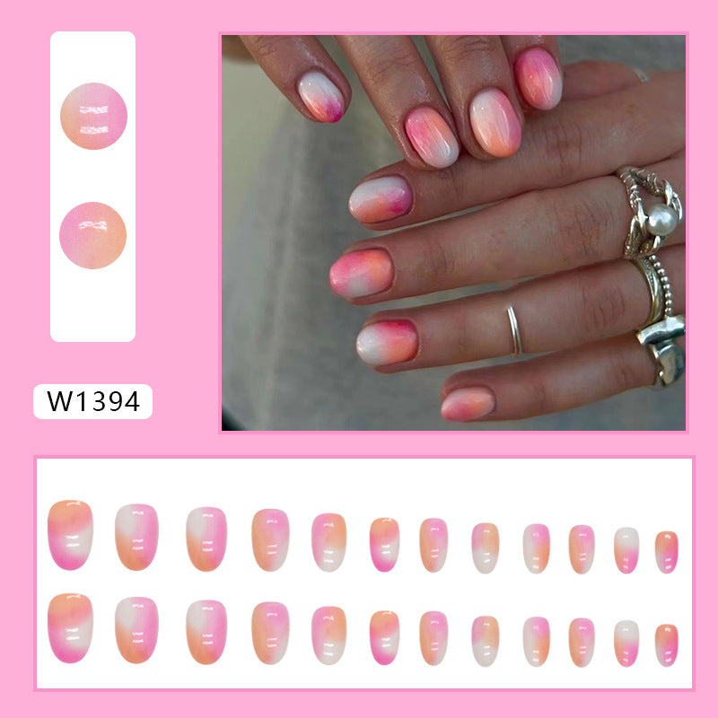 Short Orange-Pink Gradient Round Fake Nails