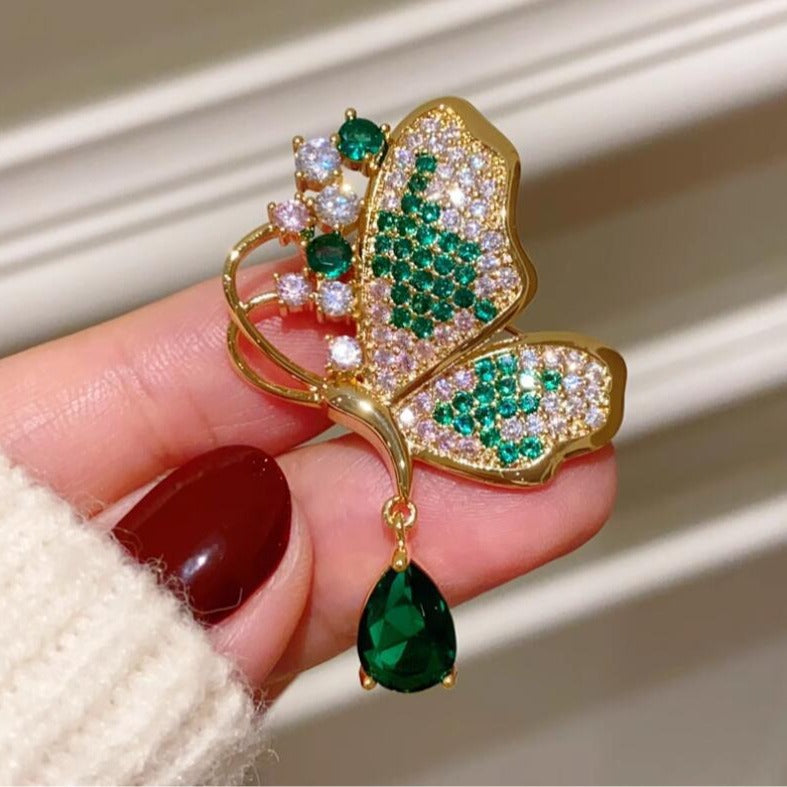 Emerald Full Diamond Butterfly Brooch