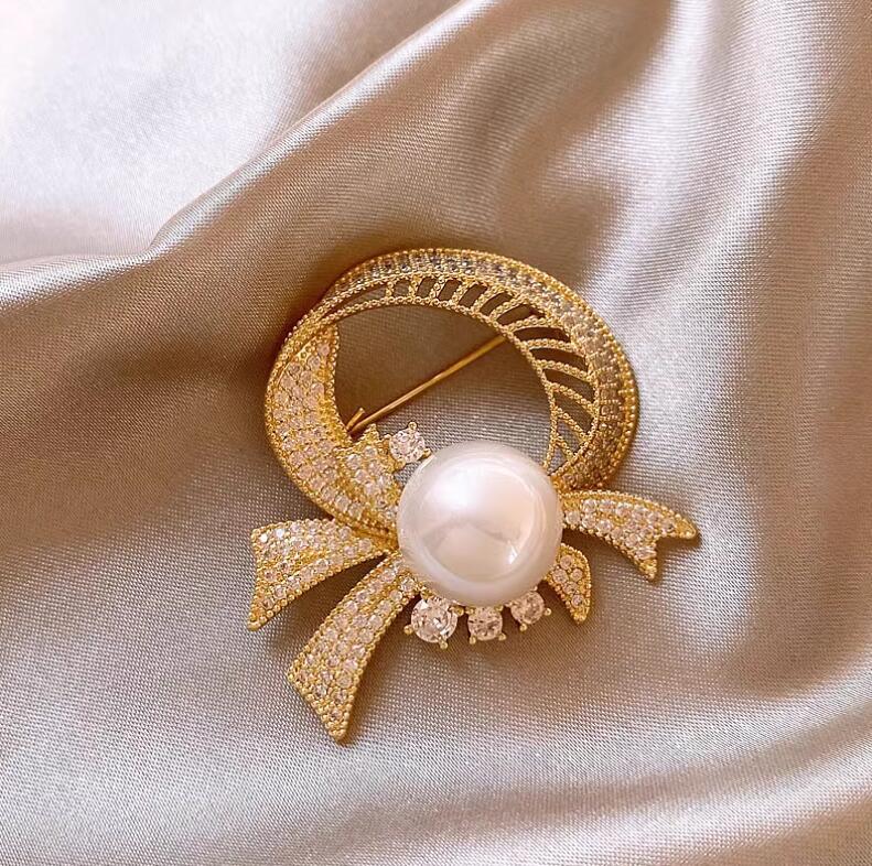 Ring Bow Ribbon Pearl Brooch