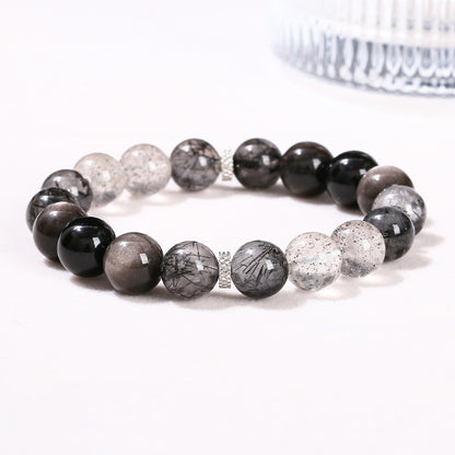 7A Natural Silver Obsidian Black Hair Crystal Mixed Bracelet