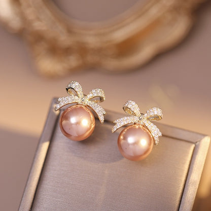 Bow Sparkling Diamond Pearl Stud Earrings