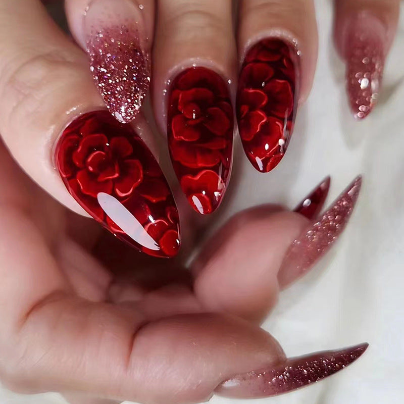 Red Floral Almond Shape Glitter Fake Nails