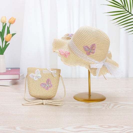 Kids Straw Sun Hat Lace Bow