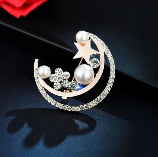 Moon Star Rhinestone Imitation Pearl Brooch