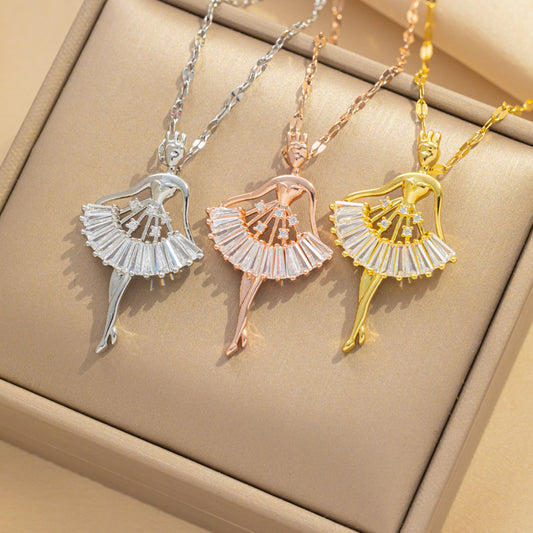 High-end Zircon Ballet Girl Pendant Titanium Necklace