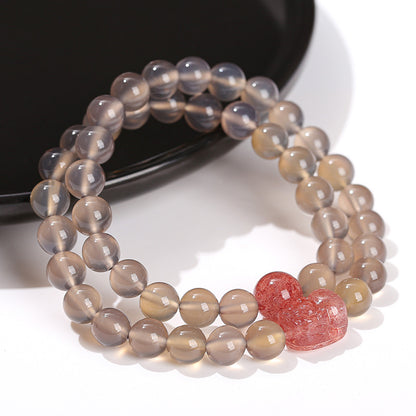 Grey agate strawberry crystal Pixiu double ring bracelet