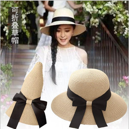 Influencer Style Straw Hat Women UV Beach Versatile Foldable Sun Outdoor Sand Bow