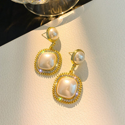 Square pearl earrings temperament