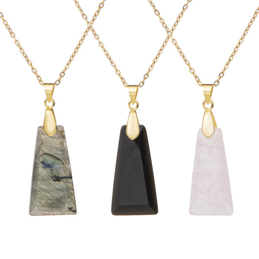 Agate faceted trapezoidal stainless steel pendant necklace