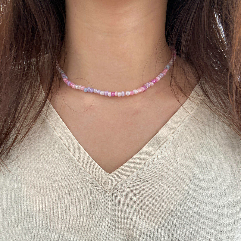 Pink rice beads mixed jewelry necklace for women