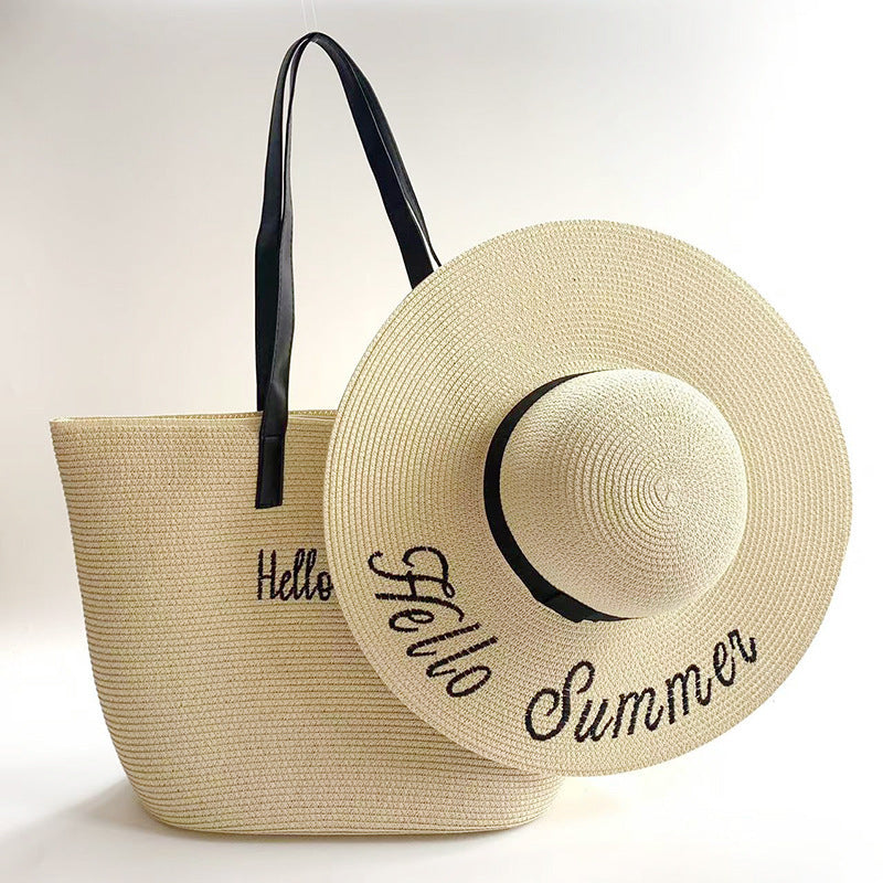 New Straw Hat Beach Bag Set Embroidery Letters Vacation Fashion Wide Brim UV