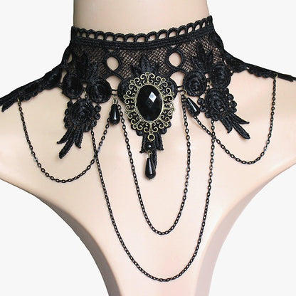 Jewel Wide Neck Black Lace Necklace