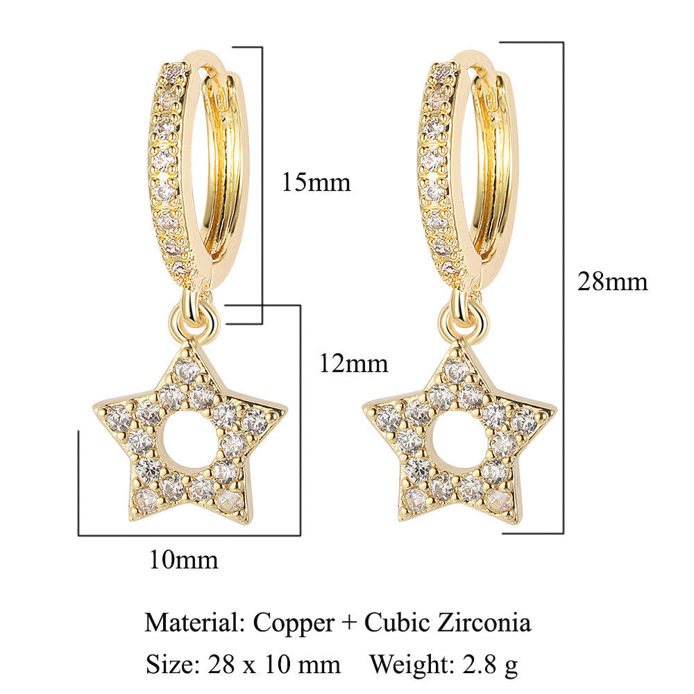 Pendientes de mujer con forma de estrella en forma de media luna y circonitas de cobre 