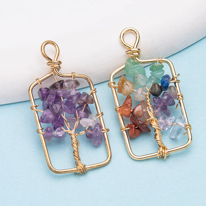 Crystal Rectangular Wire Wrap Tree of Life Pendant