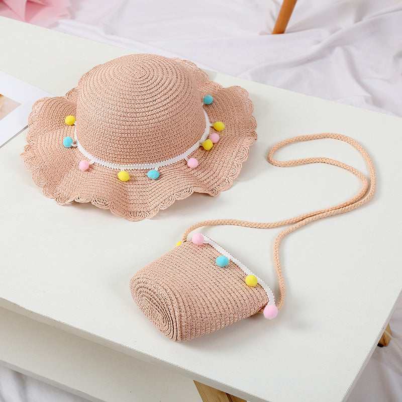 Kids Cool Hat Beaded Bag Sun Hat Girls' Summer Beach Wave Straw Wholesale