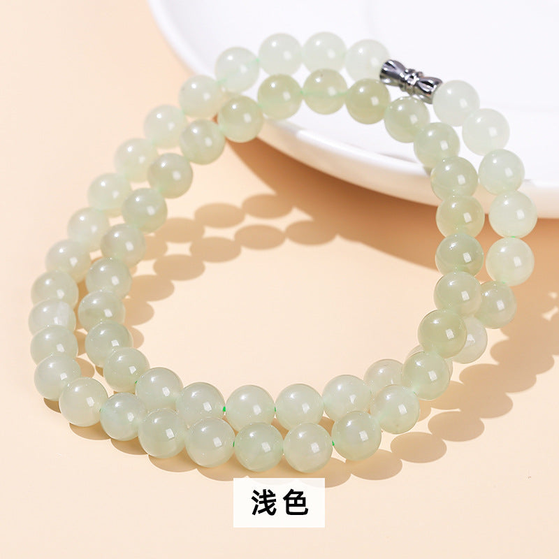 Natural clear water Hetian jade old bead necklace