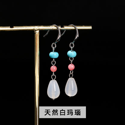 Natural green Dongling white agate water drop earrings