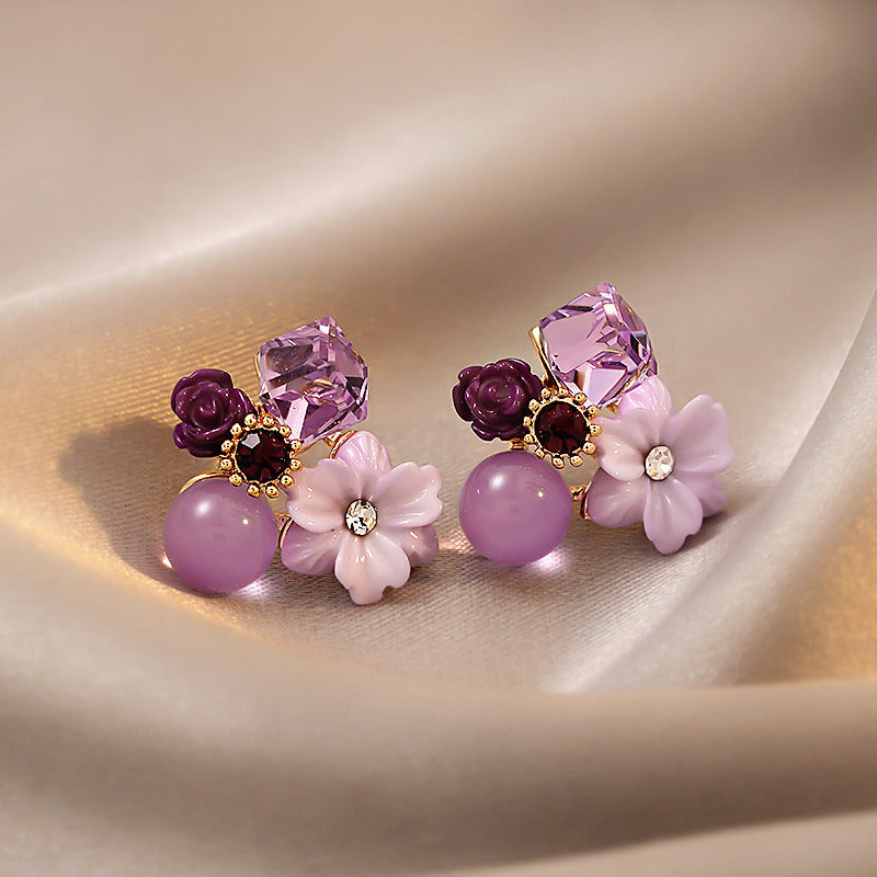 Purple crystal flower earrings