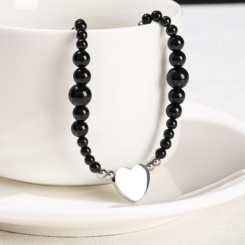 5A Natural Black Agate Necklace Stainless Steel Love Heart Pendant