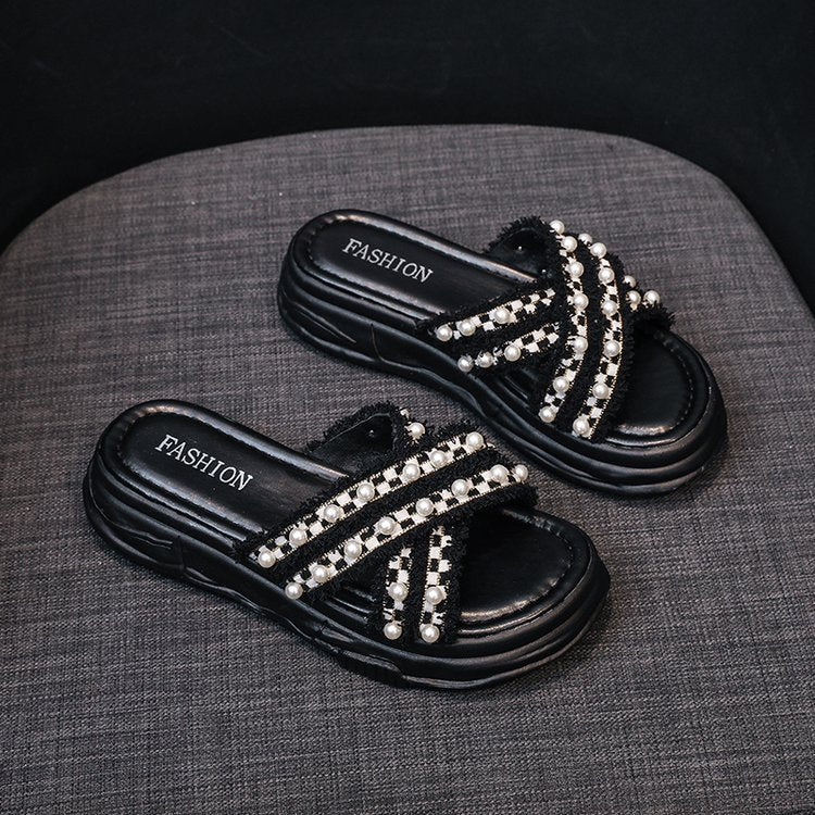 Cross pearl platform slippers