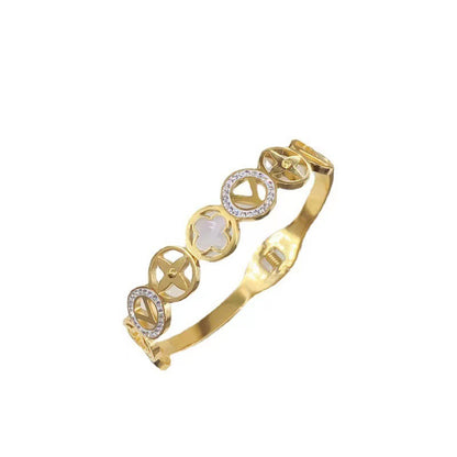 Hollow Clover V-shaped Diamond Bracelet, Fashionable Stainless Steel