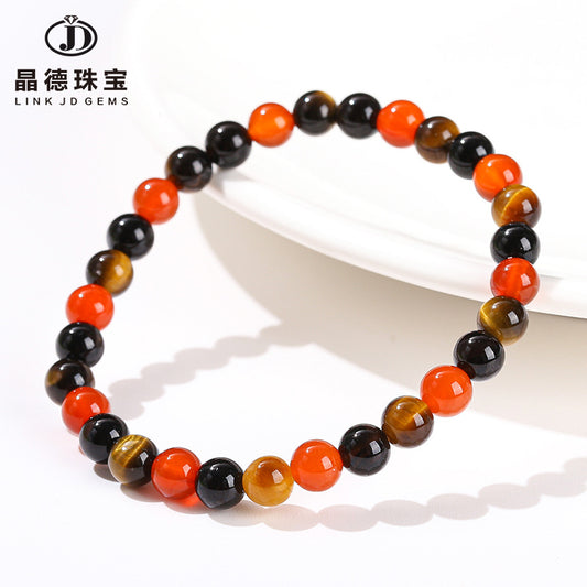 5A Yellow Tiger's Eye Stone Red and Black Agate Mixed String Bracelet